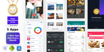 Mega ReactNative Kit 5 Apps in 1 Template | Figma | Get Every month 1 App | Life Time Update